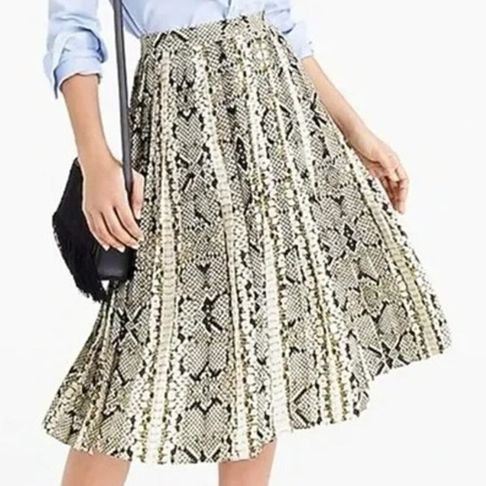 J. Crew Snakeskin Pleated A Line Silhouette Flowy Lined Midi Skirt 2 Cream Brown